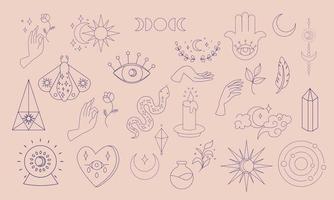 esotérico elementos coleção. Magia ícones minimalista símbolos, mãos e cristais, olhos, estrelas e lua, flores vetor