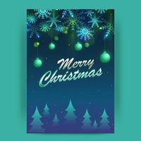 alegre Natal Fonte com suspensão bugigangas, flocos de neve e natal árvores decorado azul fundo. vetor