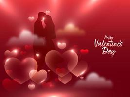 feliz dia dos namorados dia conceito com silhueta casal juntos e lustroso corações decorado em vermelho fundo. vetor