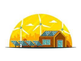 campo Visão do casa ilustração, solar painéis e moinhos de vento em amarelo e branco fundo. vetor
