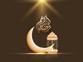 dourado árabe caligrafia do Ramadã kareem com crescente lua, iluminado lanterna e luzes efeito em Castanho fundo. vetor
