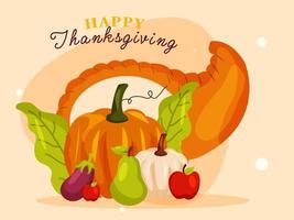 ilustração do abóboras com berinjela, pera, maçã, folhas e cornucópia em luz laranja fundo para feliz Ação de graças celebração. vetor