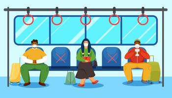 desenho animado personagem do pessoas vestindo médico mascarar viajando às trem com manter social distância para evita a partir de coronavírus.