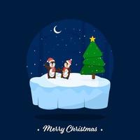 alegre Natal Fonte com desenho animado dois pinguins vestem iluminação festão, natal árvore em Nevado e crescente lua azul fundo. vetor