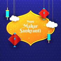 feliz Makar Sankranti texto em amarelo vintage quadro, Armação com suspensão pipas, corda carretéis e nuvens decorado azul fundo. vetor