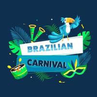 brasileiro carnaval texto com tucano pássaro, festa mascarar, vuvuzela, tambor instrumento e tropical folhas decorado em azul fundo. vetor