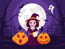 ilustração do alegre bruxa segurando livro com jack-o-lanternas, vôo morcegos e fantasma em cheio lua roxa cemitério Visão fundo. vetor