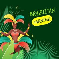 brasileiro carnaval celebração conceito com fêmea samba dançarino personagem e folhas em verde fundo. vetor