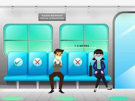 ilustração do homem e mulher vestindo médico mascarar viajando às trem com manter social distância para evita a partir de coronavírus. vetor