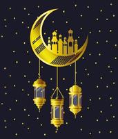 lua dourada com prédios de mesquita e lâmpadas penduradas vetor