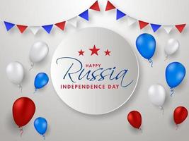 feliz Rússia independência dia texto em papel círculo forma decorado com estamenha bandeiras e lustroso balões dentro nacional tricolor. vetor