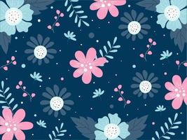 azul fundo decorado com flores, folhas e baga galhos. vetor