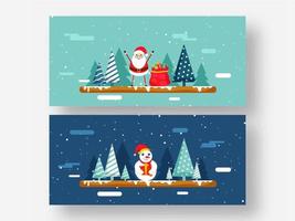 ilustração do felicidade santa claus com boneco de neve personagem, presente caixas e natal árvores em queda de neve fundo dentro dois cor opção. vetor