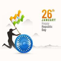 silhueta homem corrida com indiano bandeira e 3d ashoka roda em branco fundo para Dia 26 janeiro feliz república dia. vetor