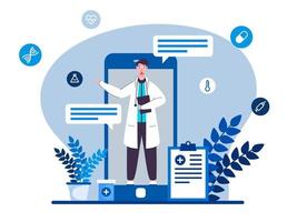 conectados médico consulta dentro Smartphone com prancheta e medicação em azul e branco fundo. vetor