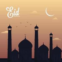 eid Mubarak Fonte com mesquita e crescente lua em pêssego fundo. vetor