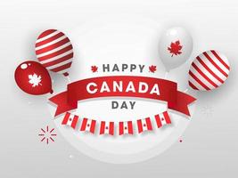 feliz Canadá dia texto com canadense nacional cor balões e estamenha bandeiras em lustroso branco fundo. vetor