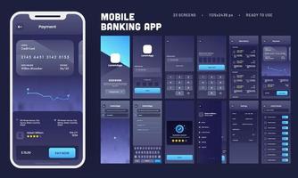 Móvel bancário aplicativo ui kit com múltiplo telas Como Conecte-se, verificação, passeio história, pagamento, configuração e convite amigos. vetor