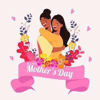 felicidade mãe e filha abraçando para cada de outros com colorida floral e corações em branco fundo para feliz mãe dia celebração. vetor