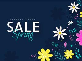 Primavera venda poster Projeto com especial oferta e colorida floral decorado em azul fundo. vetor