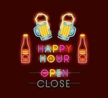 happy hour com fontes de cerveja luzes neon vetor