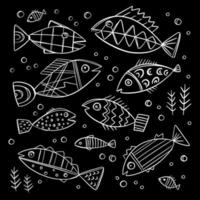 peixe conjunto mar monocromático esboço plano estilo vetor coleção
