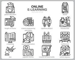 conjunto de ícones de aprendizagem on-line para site, documento, design de cartaz, impressão, aplicativo. estilo de contorno de ícone de conceito de curso online.