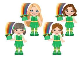 st. patrick s dia com meninas dentro irlandês figurinos. menina segurando arco Iris dentro duende chapéu desenho animado personagem Projeto vetor