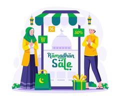 Ramadã venda e compras ilustração. muçulmano homem e uma mulher perto uma gigante Smartphone. Ramadã kareem e eid Mubarak comércio eletrônico conceito vetor ilustração