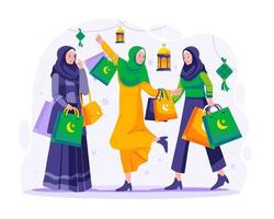 muçulmano mulheres estão compras em Ramadã oferta. feliz em pé jovem mulheres com compras bolsas. Ramadã kareem e eid Mubarak comércio eletrônico, conectados compras conceito vetor ilustração