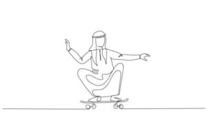 desenho animado do árabe homem de negocios equitação skate. metáfora para o negócio do habitual. solteiro contínuo linha arte vetor