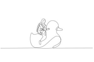 desenho animado do muçulmano mulher equitação borracha pato. metáfora para período de férias. 1 linha arte estilo vetor