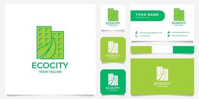 folha no logotipo de edifícios com modelo de cartão de visita vetor
