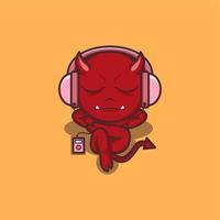 fofa desenho animado diabo ouvindo música com fone de ouvido vetor