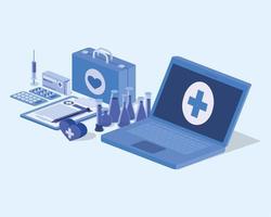 serviço de telemedicina laptop com kit médico e medicamentos vetor