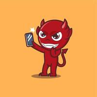 fofa desenho animado diabo levando selfie vetor