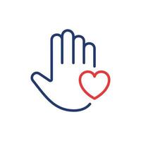 palma da mão e ícone da linha do coração. símbolo do pictograma linear voluntário. conceito de caridade e doação. forma de ícone de contorno de coração e mão. traço editável. ilustração vetorial isolado. vetor