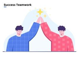 trabalho em equipe de sucesso de ilustração plana, sucesso e equipe de negócios de realização, trabalho em equipe bem-sucedido em conjunto, trabalho em equipe vencedor, conquista de troféu vencedora, empresários celebrando a vitória. vetor