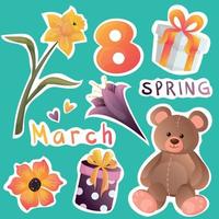 adesivo pacote para marcha 8 com narciso, Urso de pelúcia urso, número oito, presente caixas, flores, corações e inscrições. brilhante colori isolado adesivos para mundo mulheres dia. letras Primavera e marcha 8 vetor