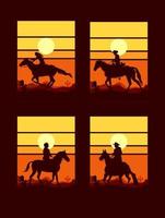 conjunto do vaqueiro equitação cavalo silhueta às pôr do sol logotipo vetor