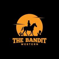 cowboy montando silhueta de cavalo no logotipo da noite vetor