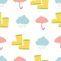 fofa desenho animado desatado vetor padronizar com amarelo borracha botas, guarda-chuva e chovendo fundo. sem fim pano de fundo com chovendo clima, têxtil tecido ou invólucro papel. decorativo rabisco papel de parede.