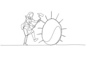 desenho animado do empresária experimentar para bater gigante dourado ovo. conceito do o negócio sucesso e difícil sorte. solteiro contínuo linha arte vetor