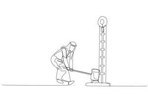 desenho animado do árabe homem de negocios batendo força medição ferramenta. conceito do poder estimativa. 1 linha arte estilo vetor