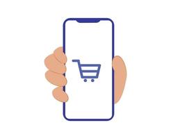 mão ícone mostrando uma Móvel telefone com uma compras carrinho logotipo. homem dentro terno mostrando célula telefone com em branco tela vetor