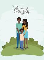 cartão de dia da família com pais negros e filho no campo