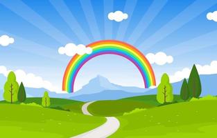 ilustração do cenário da paisagem da natureza do arco-íris da estrada sinuosa