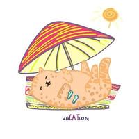 fofa pequeno gato é em repouso em período de férias. banhos de sol em a de praia. vetor ilustração.