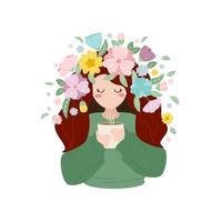 a menina dentro a flor guirlanda bebidas café ou chá. a conceito do amor para ela mesma, paz, primavera, harmonia. vetor ilustração.