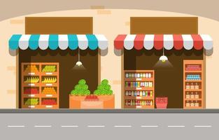 barraca de loja de frutas à beira da estrada com mercearia em ilustração da cidade vetor